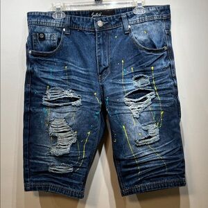 Switch Denim Men’s Dark Blue Distressed Paint-Splatter Jean Shorts retro 80-90s